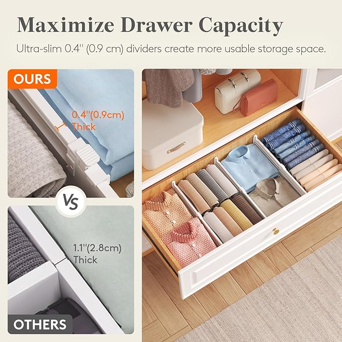Lifewit 5" High 9 Pack Drawer Dividers, 11.5"-18.5" Adjustable Deep Drawer Organizer Clothes, Expandable White Plastic Separators for Dresser, Kitchen, Cabinet, Nursery, Office Organization & Storage