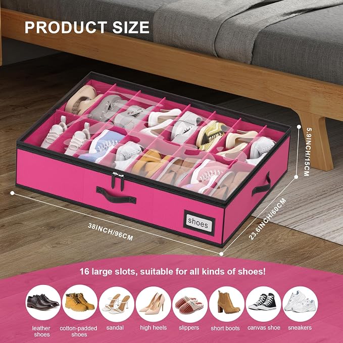 homyfort Shoe Organizer Under Bed, Fits 32 Pairs, Under bed Shoe Storage Boxes with Study Handles and Clear Cover, zapateras organizer for shoes, set of 2