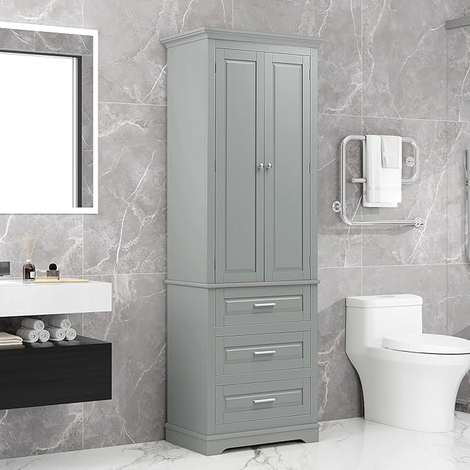Polibi Tall Storage Cabinet with 3 Drawers, 3-Tier Adjustable Shelves & 2 Doors, Floor Freestanding Linen Cabinet for Bathroom, Living Room, Grey