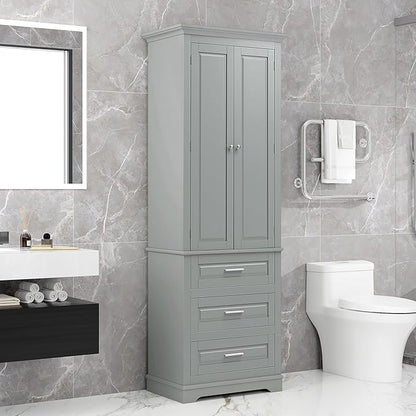 Polibi Tall Storage Cabinet with 3 Drawers, 3-Tier Adjustable Shelves & 2 Doors, Floor Freestanding Linen Cabinet for Bathroom, Living Room, Grey