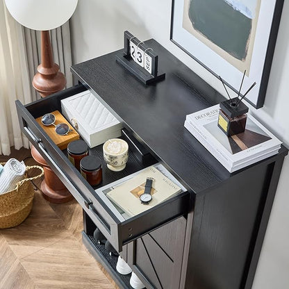 SOOWERY Shoe Cabinet with Drawer, Farmhouse Shoe Storage Cabinet with Doors, 5 Tiers Narrow Shoe Organizer for Entryway, Foyer, Hallway, Black