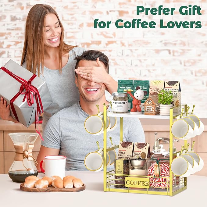 EsLuker.ly Coffee Mug Cup Holder Tree Bar Station Organizer, 2 Tier Mug Stand Rack for Countertop Kitchen, Storage Tower Display Shelf with 12 Hooks, Coffee Nook Enhancer, White-Gold