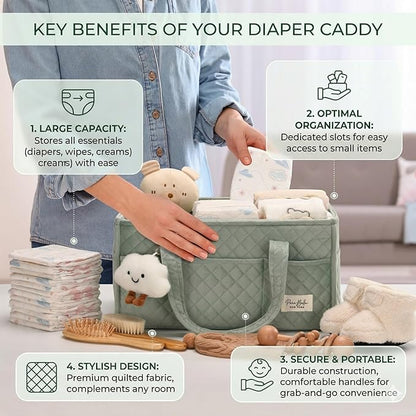 PeraBella Baby Diaper Caddy Organizer, Baby Basket Shower Gift, Portable Changing Table Basket, Postpartum Caddy & Tote Bag Pouch, Newborn Boy & Girl Nursery Essentials Registry, Car Diaper Organizer