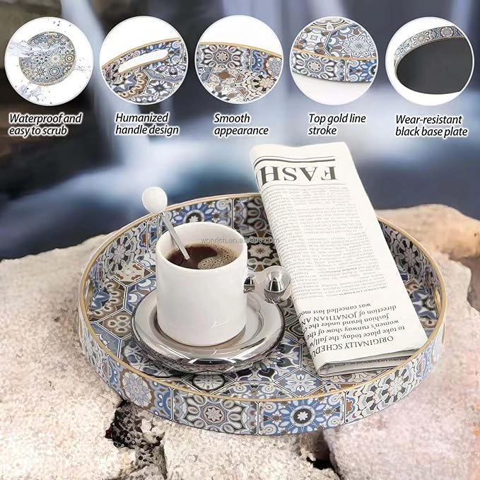 Round Serving Tray with Handles - Boho Coffee Table Tray Ottoman Tray,Large Trays for Ottoman Coffee Table,Modern Decorative Trays for Living Room