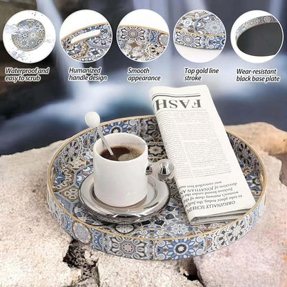 Round Serving Tray with Handles - Boho Coffee Table Tray Ottoman Tray,Large Trays for Ottoman Coffee Table,Modern Decorative Trays for Living Room