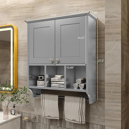Medicine Cabinets, Bathroom Cabinet Wall Mounted 2-Door with 3 Open Shelves, Over The Toilet Storage Cabinet with Towels Bar for Toilet, Bathroom (Grey)