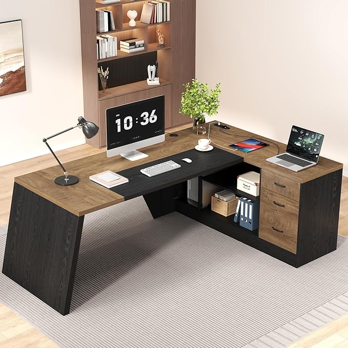 L-Shaped Executive Desk with Drawer, Large Modern Home Office Desk with Cord Hold and Power Outlet, Big Wooden Business Furniture with Lateral File Cabinet for CEO Boss, Oak Black