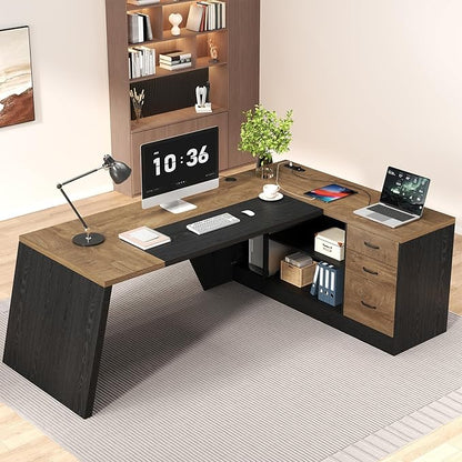 L-Shaped Executive Desk with Drawer, Large Modern Home Office Desk with Cord Hold and Power Outlet, Big Wooden Business Furniture with Lateral File Cabinet for CEO Boss, Oak Black