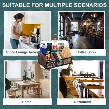 Yalikop Coffee Station Organizer for Countertop, All in One No Assembly Wood Coffee Creamer Bar Holder with Iron Mesh, Office Tea Bar Accessories Gift for New Home Birthday(Dark Brown,Classical)