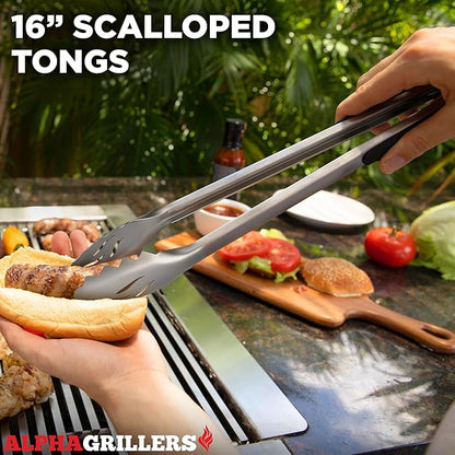 Alpha Grillers Grilling Accessories - Grilling Gifts for Men - BBQ Accessories Grill Tools Set with Spatula, Fork, Brush & Tongs - Outdoor Barbecue Utensils Gifts for Men Dad Him Boyfriend