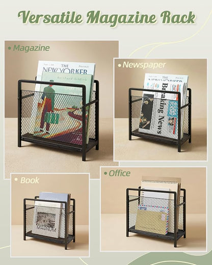 Magazine Holder, Magazine Rack Floor, Metal Mesh with Wood Base Magazine Storage Basket, Folder Organizer Bin for Books, Newspapers, Mails, Files, Black