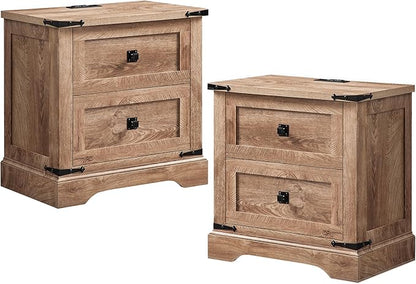 T4TREAM 24" Farmhouse Nightstand with Charging Station Set of 2, Large End Table with 2 Storage Drawers, Rustic Wood Sofa Bedside Table for Bedroom, Light Knotty Oak