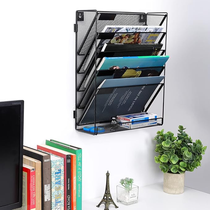 EasyPAG Mesh Wall File Organizer 5 Tier Letter-Sized Assemble Desk/Wall Mount File Holder Mail Organizer for Office Home and Classroom, 2 Pack Black