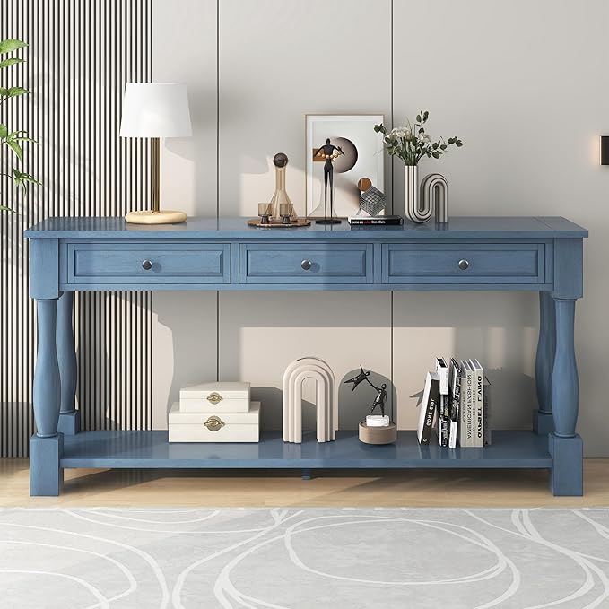 Knocbel 64 Inch Long Antique Entry Console Table with Drawers & Bottom Open Shelf, Solid Wood Sofa Couch Table for Entryway Hallway Living Room (Navy)