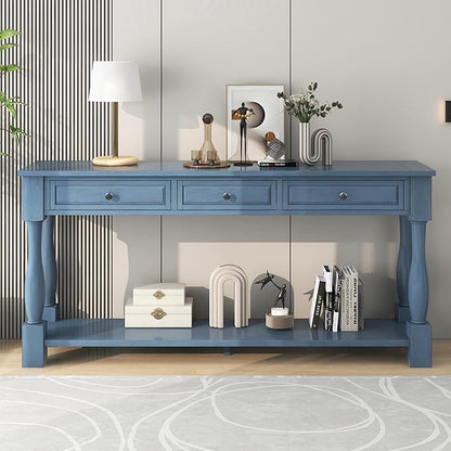 Knocbel 64 Inch Long Antique Entry Console Table with Drawers & Bottom Open Shelf, Solid Wood Sofa Couch Table for Entryway Hallway Living Room (Navy)