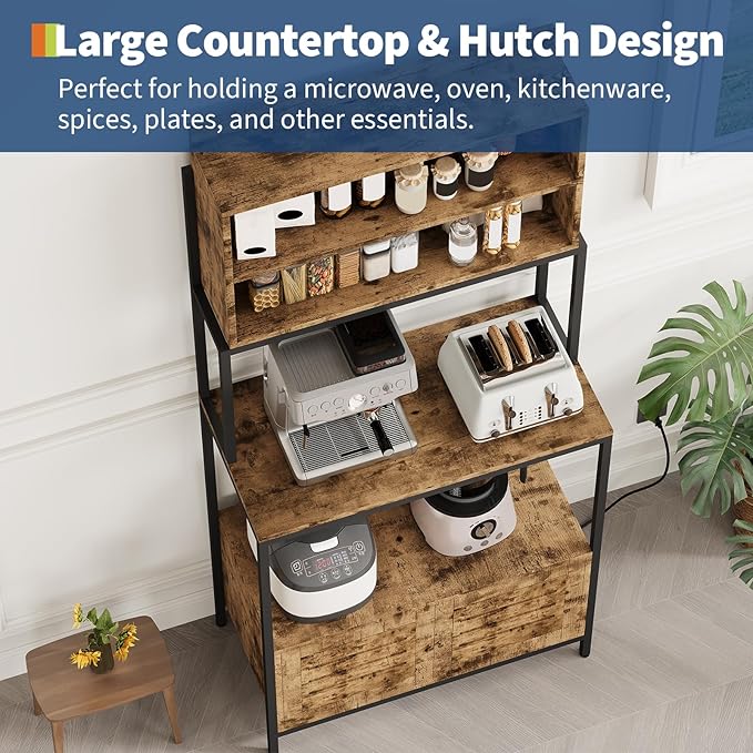 GarveeHome 6-Tier Kitchen Bakers Rack with Power Outlets, Microwave Stand Coffee Bar Cabinet with Storage Shelves & Louvered Door for Home Office Living Room, Rustic Brown