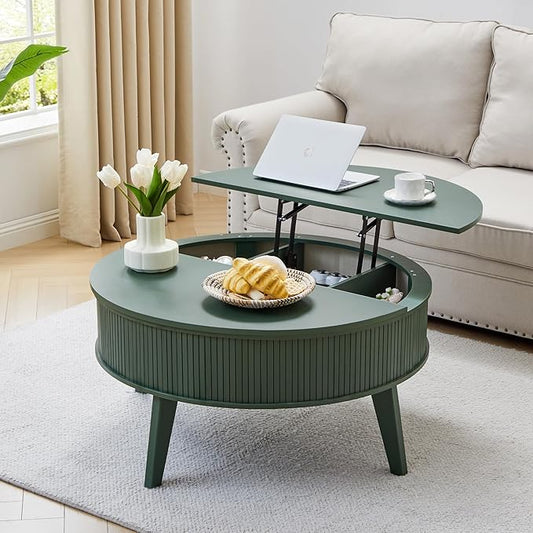 Round Lift Top Coffee Table with Storage, 35.4'' Fluted Wood Center Table Mid Century Modern Coffee Table with Lifting Top for Living Room, Office, Small Space Green