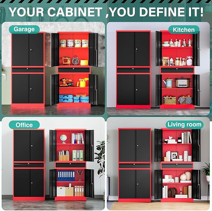 SISESOL Metal Storage Cabinet with Drawer and Lock,Garage Storage Cabinet with Locking Doors and Shelves,71" Black Red Metal Cabinets,Lockable Steel Tool Cabinets for Garage,Home,Office,Shop