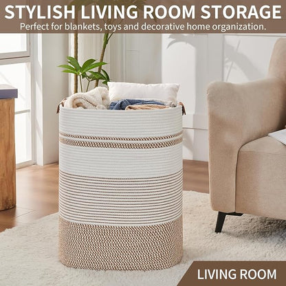 AINUOQI Laundry Basket with Handles - Blanket Basket & Hampers for Bedroom Aesthetic, Laundry Hamper & Blanket Storage for Living Room, Clothes Hamper, Tall, Large 17" x 14" x 22”, Brown & White
