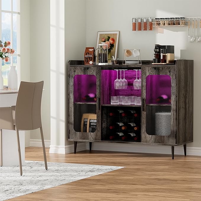 Liquor Cabinet Bar with Power Outlet & LED Light, Wine Bar Cabinet with Wine and Glasses Rack for Kitchen, Dining Room, Black Oak