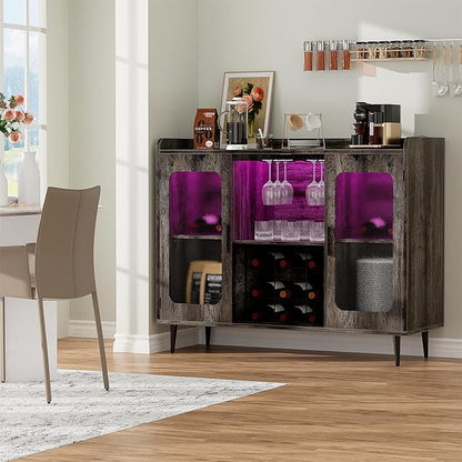 Liquor Cabinet Bar with Power Outlet & LED Light, Wine Bar Cabinet with Wine and Glasses Rack for Kitchen, Dining Room, Black Oak