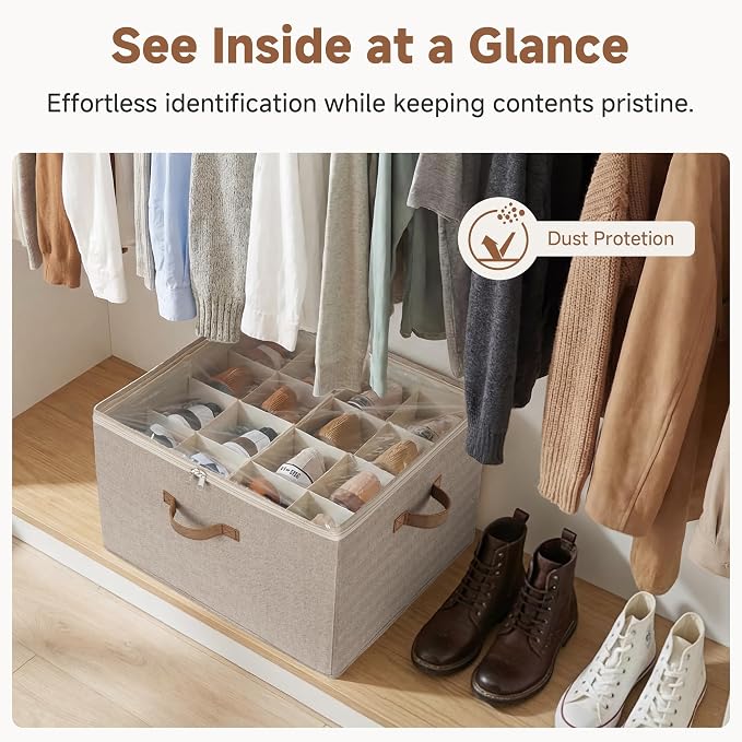 StorageWorks Shoe Organizer for Closet, Shoe Cubby Storage Containers with Adjustable Dividers and Clear Cover, Foldable Shoe Storage Box for Sandals, Sneakers, Fits up to 16 Pairs, Taupe | Fits up to 16 Pairs