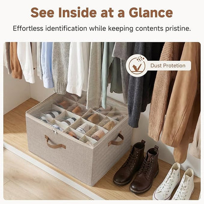 StorageWorks Shoe Organizer for Closet, Shoe Cubby Storage Containers with Adjustable Dividers and Clear Cover, Foldable Shoe Storage Box for Sandals, Sneakers, Fits up to 16 Pairs, Taupe | Fits up to 16 Pairs