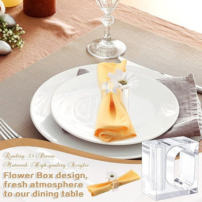 Meanplan 24 Pcs Flower Napkin Rings Clear Acrylic Napkin Holder Rings Bulk Square Flower Bud Vase Combo for Wedding, Birthday Banquet Table Decor, 1.77 x 1.97 Inch