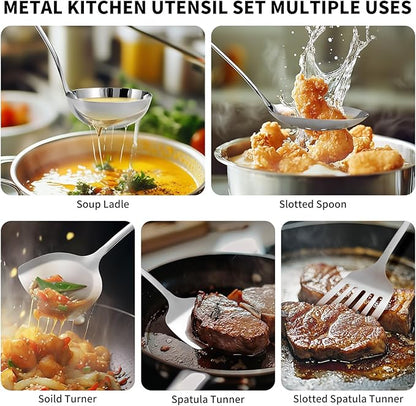 304 Stainless Steel Kitchen Utensils Set, 10 Pcs Metal Cooking Utensil, Mirror Polished Kitchen Gadget Cookware and Kitchen Tool Set, Dishwasher Safe