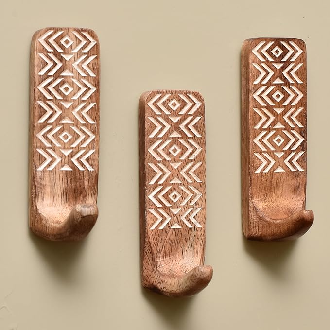 Indian Shelf Boho Decorative Wood Adhesive Wall Hooks for Hanging Coats, Keys, Leash, Hat, Towel Holder, Cute Sticky Key Holder, Brown White Western Wall Décor (12 Hooks 24 Strips)