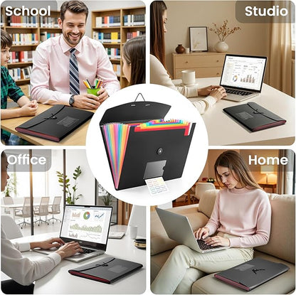 13 Pocket Accordion File Organizer with Elastic Closure, Expanding File Folder for Letter Size A4 Papers, Ideal for Home, Office Supplies, College Essentials - Black