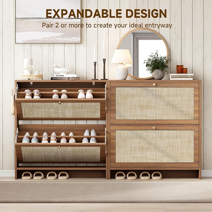 Nicetree Shoe Storage Cabinet for Entryway, Slim Shoe Rack with 2 Flip Drawers, Modern Boho Square Cane Engineered Wood Storage Cabinets, Narrow Shoe Organizer, Caramel