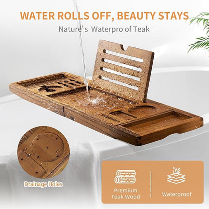 Luxury Teak Bathtub Tray - Foldable Bath Caddy with Expandable Handles, Wine Glass & Phone Holder, Book Stand - Enhance Home Spa Experience with Natural Material - Relaxing & Reading, Teak