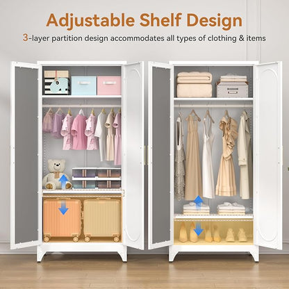 Polup Metal Armoire Wardrobe Closet with Mirror, 71" Tall Steel Clothing Storage Cabinet with Doors, Hanging Rod and Adjustable Shelves, Freestanding Clothes Organizer for Bedroom, Office, White