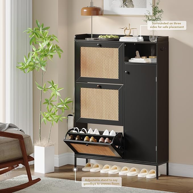 Rattan Wooden Shoe Cabinet, Freestanding 3-Flip Drawer Shoe Storage Organizer, Side Cabinet & Top Fence, Easy Assembly Shoe Rack for Entryway Hallway Living Room,Black