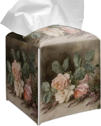 Grace Yonks Retro Tissue Box Cover Square - Vintage Garden Roses Design 5.2" PU Leather Holder for Vanity, Desk, or Bathroom Counter - Cube Case for Facial Tissues. (115)
