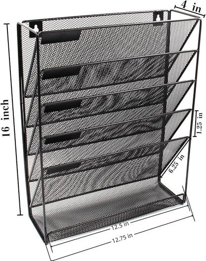 EasyPAG 5 Tier Wall File Holder, Mesh Hanging Folder Organizer with Classify Label, Versatile Desk File Holder, Vertical Wall Mounted Mail Organizer for Office Home Cubicle, Black