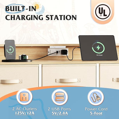 WLIVE Led Dresser for Bedroom, TV Stand for Bedroom with LED Lights and Power Outlet, Wide Chest of Drawers for Hallway, 8 Fabric Drawers for Living Room and Entryway, Cream White
