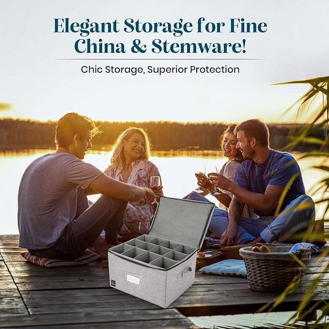 General Use Wine Glass Storage, Holds 12 Stemware Glasses, Stackable, Fully-Padded Inside with Hard Top and Sides (Grey)