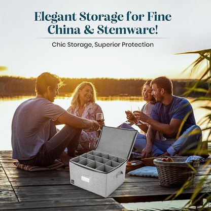 General Use Wine Glass Storage, Holds 12 Stemware Glasses, Stackable, Fully-Padded Inside with Hard Top and Sides (Grey)