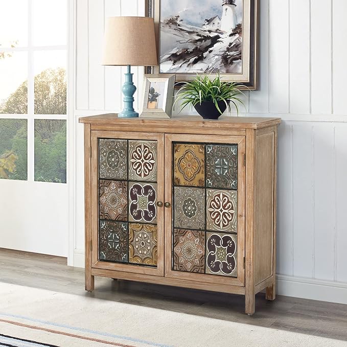 Sophia & William Accent Cabinet with 2 Doors, Distressed Storage Cabinet with Wood Frame and Checkered Patterns for Entryway Living Room