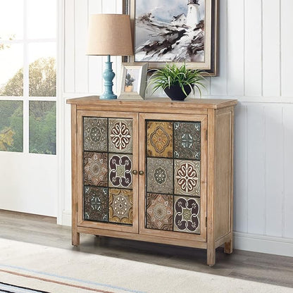 Sophia & William Accent Cabinet with 2 Doors, Distressed Storage Cabinet with Wood Frame and Checkered Patterns for Entryway Living Room
