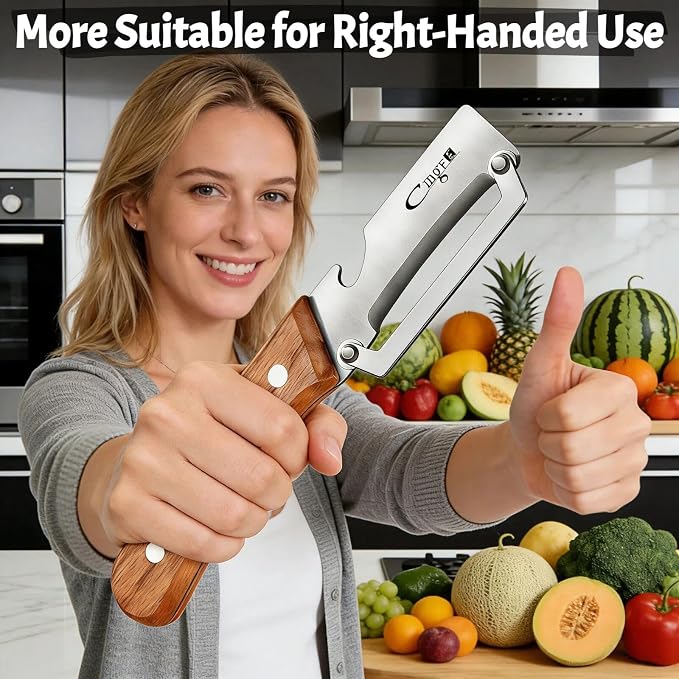 TEEVEA Vegetable Peeler, Stainless Steel Wooden Handle for Potato, Apple | Multifunctional, Ultra Sharp Zero-Snag Blade, Heavy Duty, Bottle Opener, Right-Hand Grip, Premium Fruit Veggie Kitchen Tool