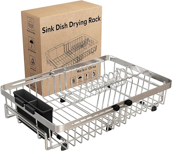 MAJALiS Dish Drying Rack Over The Sink, Expandable Stainless Steel Dish Drainer for Small Kitchen Counter Space Saving, RV Compact Plate Strainer In Silver Metal with Hanging Adjustable Utensil Holder