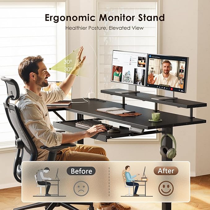 OffiGo 63 Inch L Shaped Electric Standing Desk with Keyboard Tray, Reversible Height Adjustable Corner Computer Desk with Monitor Stand, Sit Stand Up Lift Table for Home, Office, Carbon Fiber Black