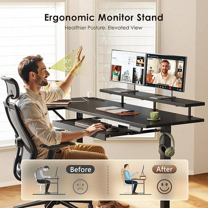 OffiGo 63 Inch L Shaped Electric Standing Desk with Keyboard Tray, Reversible Height Adjustable Corner Computer Desk with Monitor Stand, Sit Stand Up Lift Table for Home, Office, Carbon Fiber Black