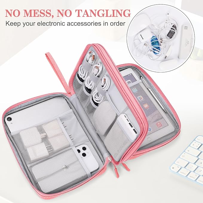 FYY Electronic Organizer, Extra Large Travel Cable Organizer Bag Pouch Portable Waterproof Double Layers All-in-One Storage Bag for iPad, Cable, Power Bank, Laptop Charger for Office/Home, Pink