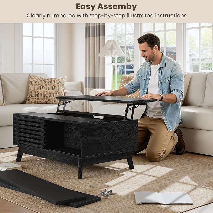 HAIOOU Lift Top Coffee Table, Mid Century Modern Coffee Table with Hidden Storage for Living Room, 35.4" Lift Tabletop Coffee Tables with Sliding Fence Door for Dining Working (Black)