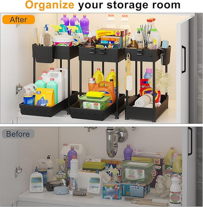 Sevenblue 3 Pack Under Sink Organizers, 2-Tier Multi-Use Kitchen and Bathroom Organizers and Storage with Sliding Drawers, Bathroom Cabinet Organizer (Black, 14.8 Inch)