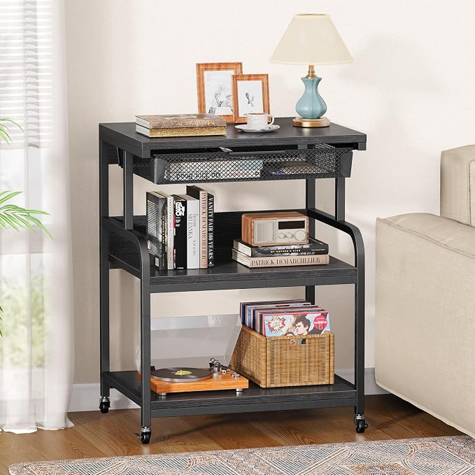 EasyCom 23.6''x18.9'' Extra Large Printer Stand with Drawer, 5-Adjustable Heights 3 Tier Table with Wheels, Rolling Printer Cart with Storage for Printer Scanner Fax Home Office Use